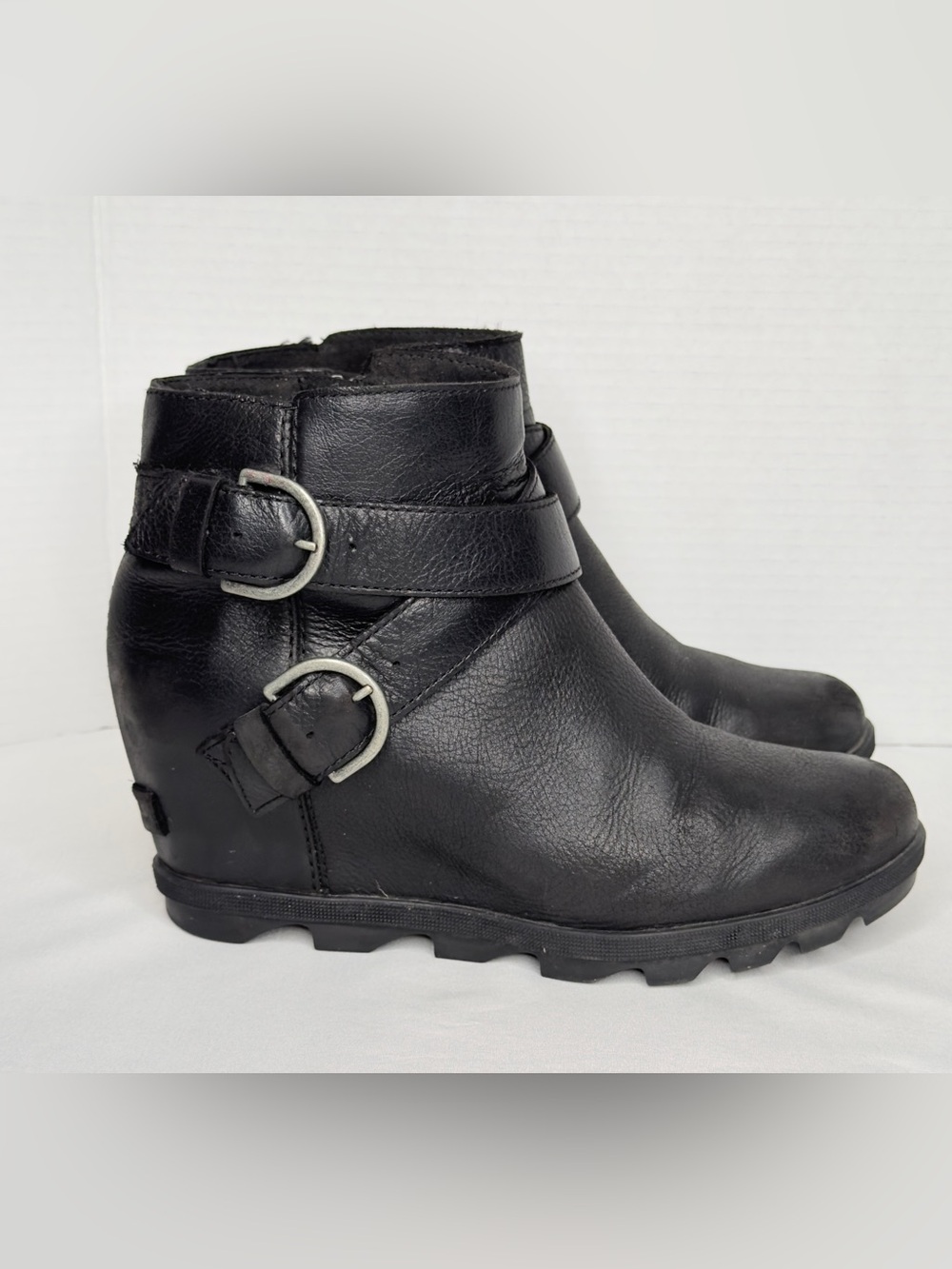 Sorel Joan Of Arctic Wedge II Buckle Boots Size 9.5 Black Leather Waterproof